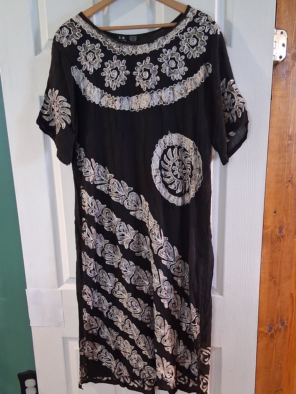 S.R. Black Maxi Dress with White Floral Embroidery Accents